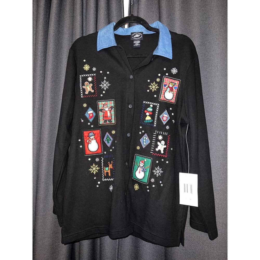 Ugly Christmas Sweater Black Cardigan with Festive Patches